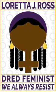 an abstract figure of a person's upper body shaped to look like the symbol for "woman." the figure has brown skin, black dreadlocks, gold earrings, and a purple headband.