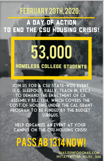 Flier announcing a California State University - wide event to demand legislative action to end housing insecurity and house-lessness for CSU students. Over 53,000 CSU students are houseless.